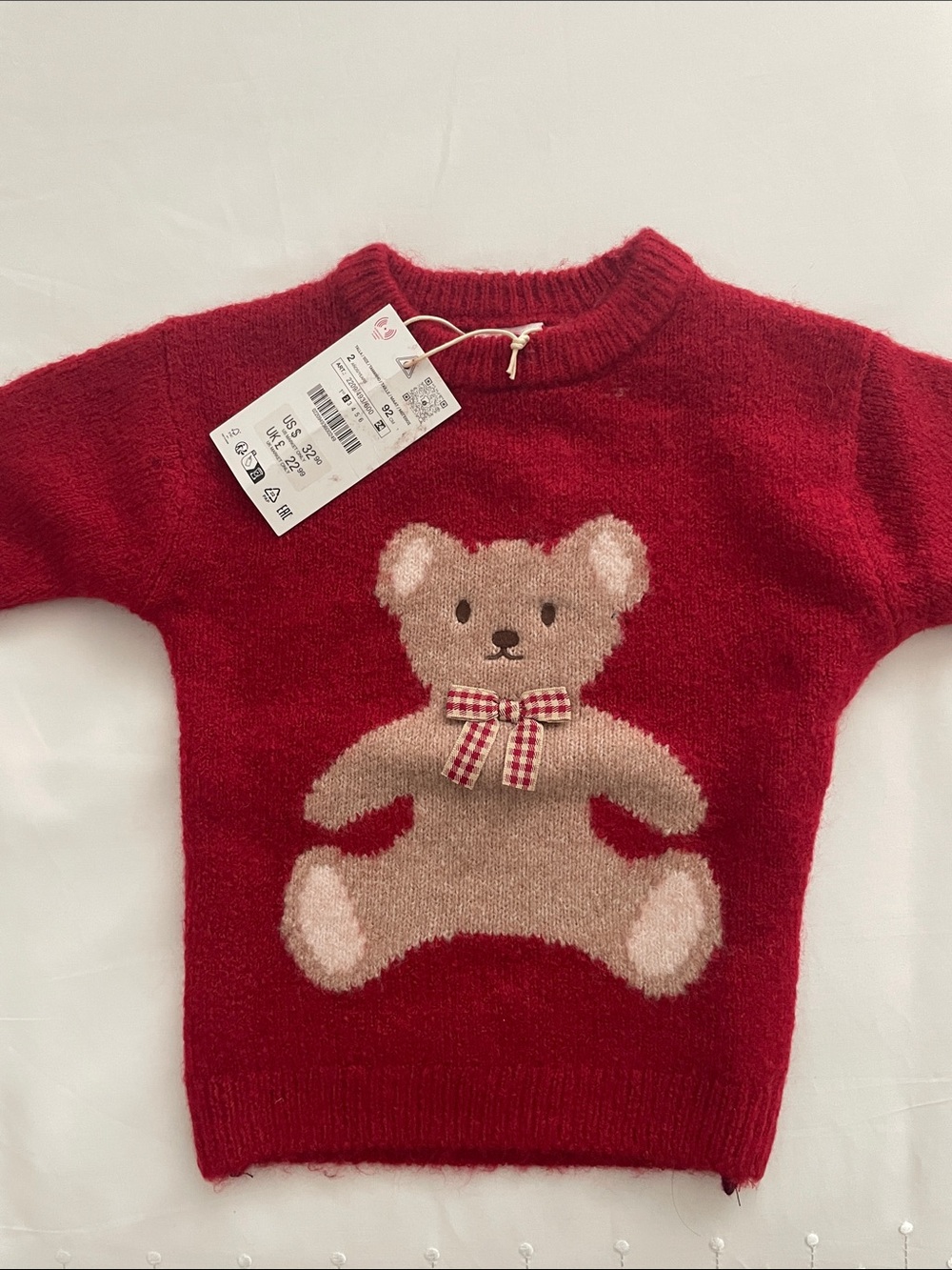 Zara Red Teddy Bear Knit Sweater with Bow - Kids Size 2